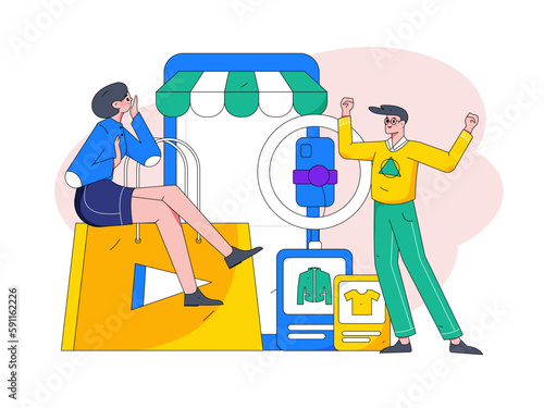 Internet celebrity e-commerce characters vector Internet hand-drawn illustration with live streaming
