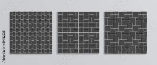 Slab pavement texture collection. Set of paved floor tiles. Street seamless pattern. Decorative sidewalk. Stone surface. Cobblestone print. Mosaic outdoor background. Vector illustration