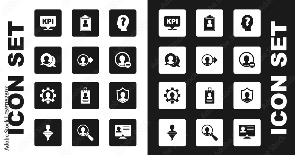 Set Head with question mark, Create account screen, Speech bubble chat, Key performance indicator, Clipboard resume, User protection and Human gear icon. Vector Set Head with question mark, Create account screen, Speech bubble chat, Key performance indicator, Clipboard resume, User protection and Human gear icon. Vector