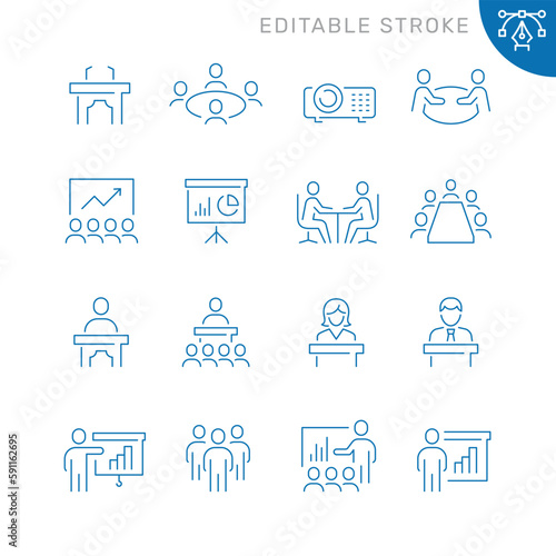 Vector line set of icons related with business presentation. Contains monochrome icons like businessman, presentation, office, conference, seminar and more. Simple outline sign. Editable stroke.