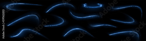 Blue glowing shiny lines effect vector background. Luminous white lines of speed. Light glowing effect. Light trail wave, fire path trace line and incandescence curve twirl. © roman11998866