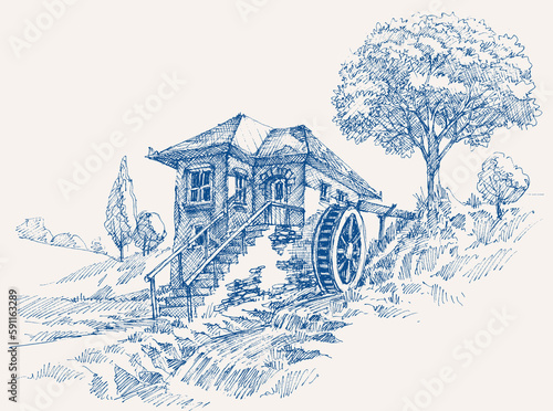 Old water mill landscape near river flow hand drawing