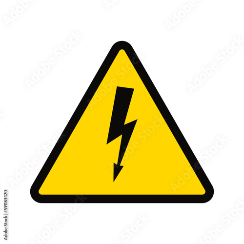 Yellow warning hazard symbol - high voltage sign, yellow triangle -attention high voltage, arrow.