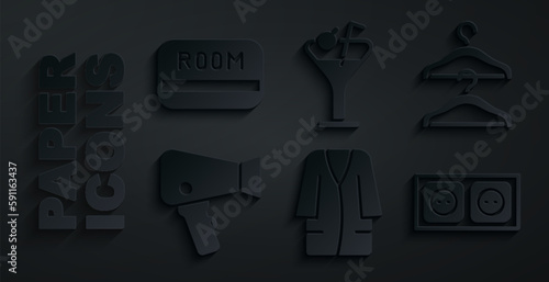 Set Bathrobe, Hanger wardrobe, Hair dryer, Electrical outlet, Martini glass and Hotel key card icon. Vector