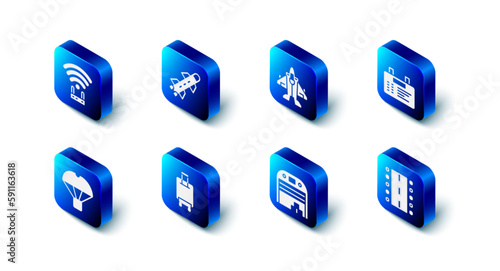 Set Rocket, Jet fighter, Airport board, runway, Aircraft hangar, Suitcase, Box flying on parachute and Router and wi-fi signal icon. Vector