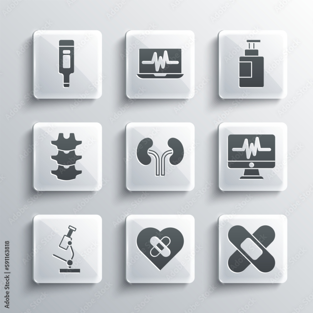 Set Healed broken heart, Crossed bandage plaster, Monitor with cardiogram, Human kidneys, Microscope, spine, Digital thermometer and Hand sanitizer bottle icon. Vector Set Healed broken heart, Crossed bandage plaster, Monitor with cardiogram, Human kidneys, Microscope, spine, Digital thermometer and Hand sanitizer bottle icon. Vector