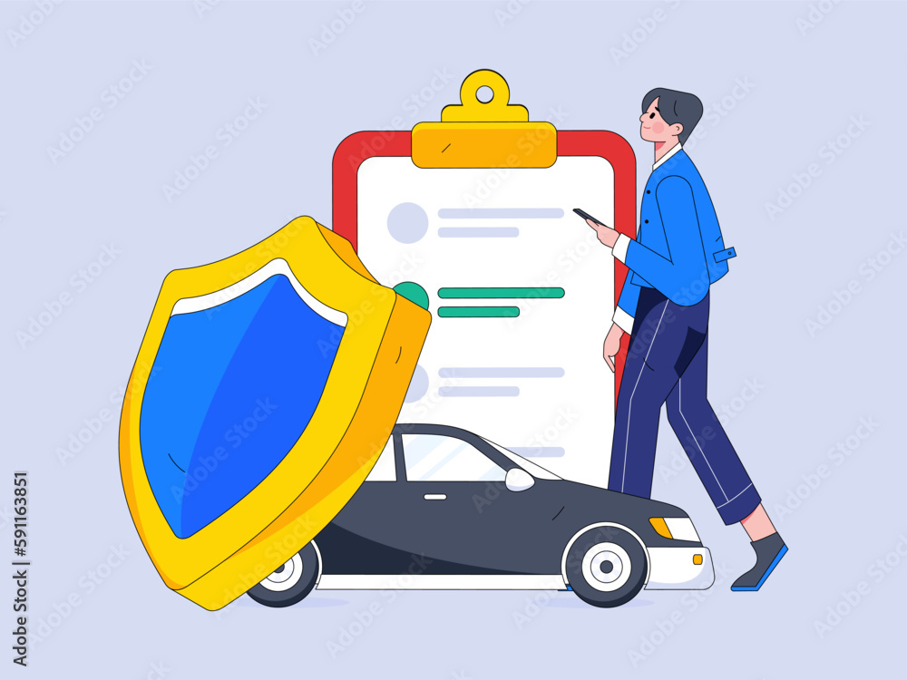 Naklejka premium Buy insurance for car flat character vector concept operation hand drawn illustration 