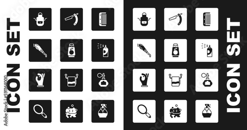 Set Hairbrush, Bottle of shampoo, Electrical hair clipper, Barber apron, Spray can for hairspray, Straight razor, Aftershave and Medical rubber gloves icon. Vector