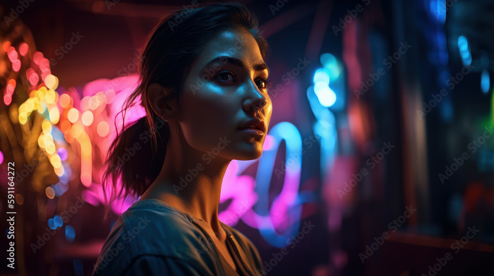 Portrait of people on neon background. Ai generated.