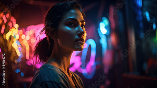 Portrait of people on neon background. Ai generated.