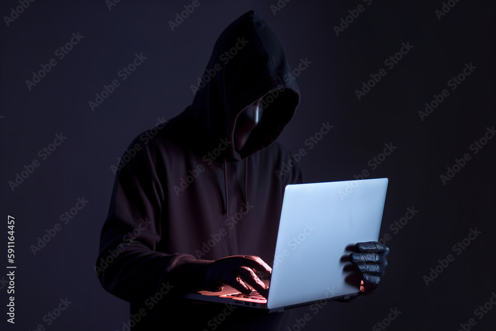 a hacker in a hoodie using a laptop computer isolated on dark background with neon light. Created with Generative AI Technology a hacker in a hoodie using a laptop computer isolated on dark background with neon light. Created with Generative AI Technology