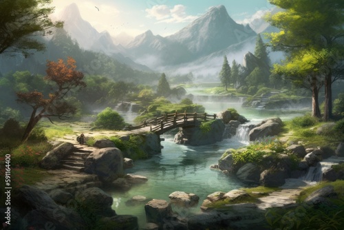 a peaceful and serene landscape that includes a blend of nature elements, such as mountains, forests, and rivers, for meditation, Generative AI © 지선 이