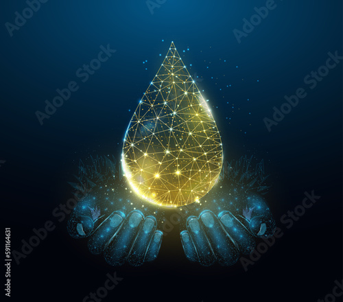 Two human hands are holds oil drop. Wireframe glowing low poly design on dark blue background. Abstract futuristic vector illustration