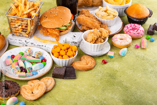 Assortment of various unhealthy junk food.