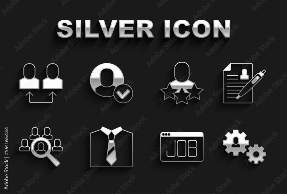Set Tie, Resume, Human with gear, Search job, Magnifying glass for search, Productive human, Exchange work and Worker icon. Vector Set Tie, Resume, Human with gear, Search job, Magnifying glass for search, Productive human, Exchange work and Worker icon. Vector