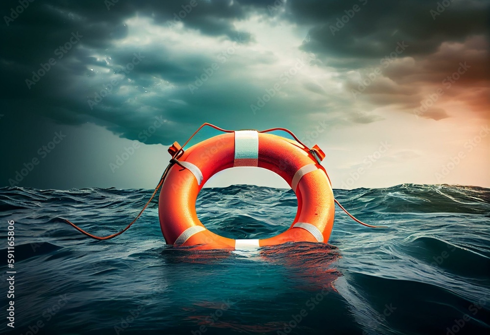 life buoy rescue ring in the middle of the ocean for rescue and help ...