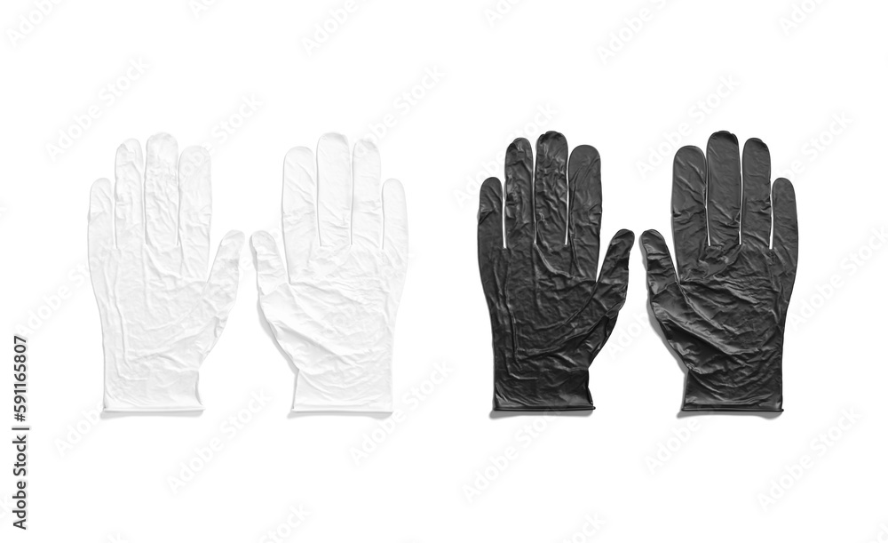 Obraz premium Blank black and white rubber gloves mockup lying, top view