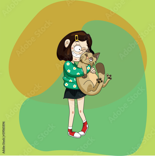 Vector illustration of a cartoon style girl hugging a displeased Siamese cat.