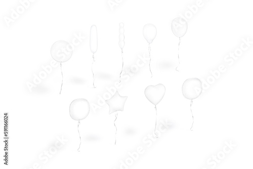 Blank white transparent balloon flying mockup, different shape, side view