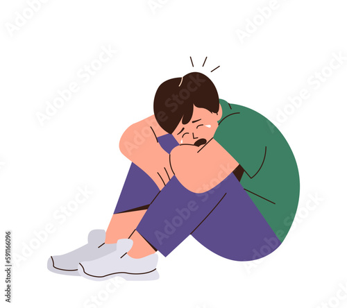 Crying and screaming little boy child sitting on floor and hugging knees vector illustration
