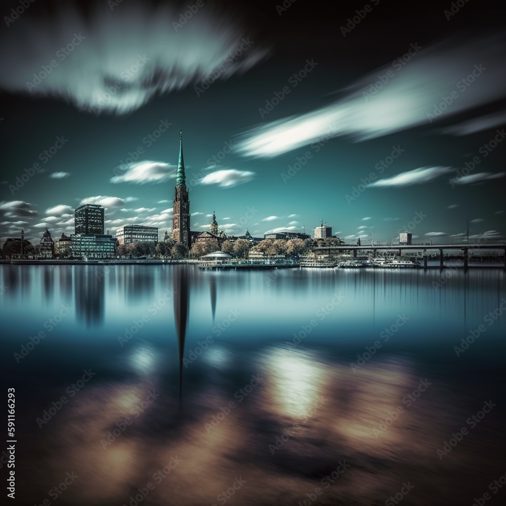 Fototapeta premium Imaginary Hamburg, city skyline across Elster with reflection, AI generative