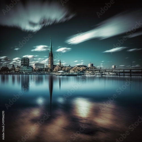 Imaginary Hamburg, city skyline across Elster with reflection, AI generative
