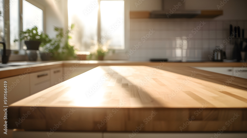 Fototapeta premium Wood table top / counter top with a blurred kitchen behind, Generative AI