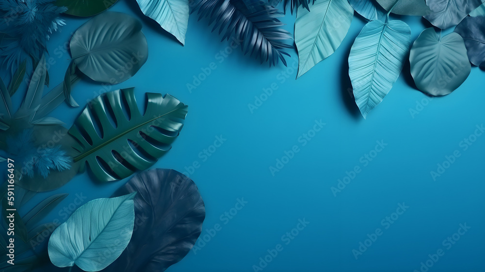 Fototapeta premium Blue tropical leaves with a blue copy space background, Generative AI
