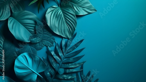 Blue tropical leaves with a blue copy space background, Generative AI