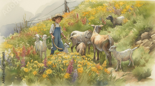 Tablou canvas child goatherd herds his goats at grass valley with flowers Generative AI