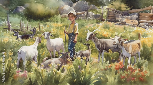 Fotografie, Tablou child goatherd herds his goats at grass valley with flowers Generative AI
