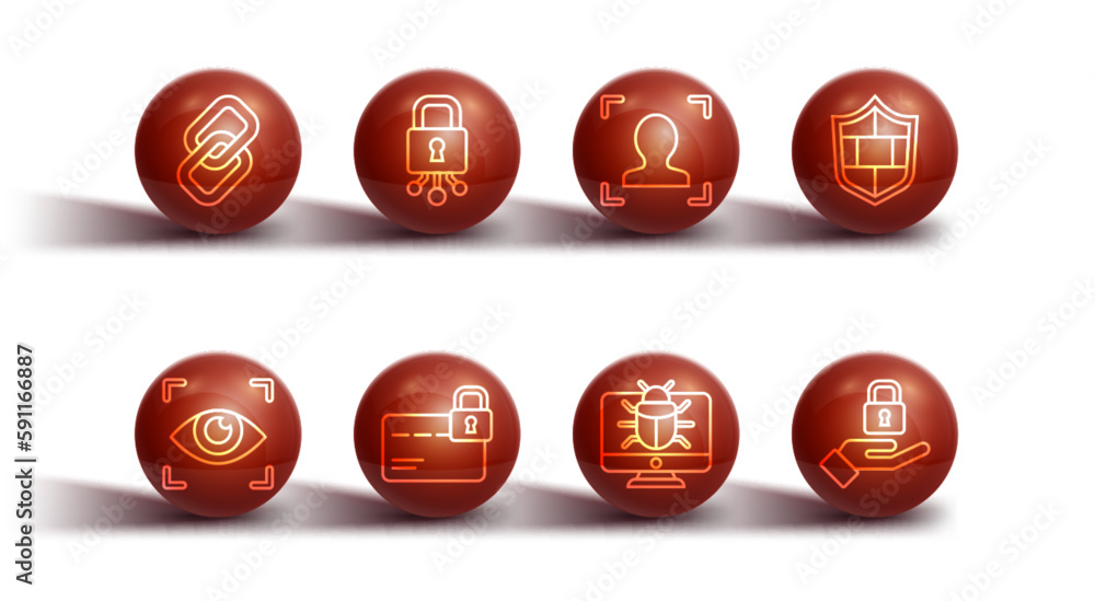 Set line Chain link, Eye scan, Shield with brick wall, System bug on monitor, Credit card lock, Cyber security, Lock hand and Face recognition icon. Vector Set line Chain link, Eye scan, Shield with brick wall, System bug on monitor, Credit card lock, Cyber security, Lock hand and Face recognition icon. Vector
