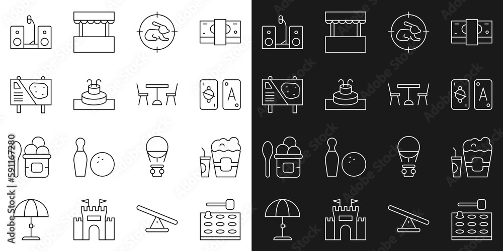 Set line Arcade game machine, Popcorn box and glass, Tarot cards, Hunt on rabbit with crosshairs, Fountain, Amusement park billboard, Home stereo two speakers and Picnic table chairs icon. Vector