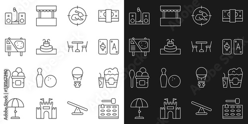 Set line Arcade game machine, Popcorn box and glass, Tarot cards, Hunt on rabbit with crosshairs, Fountain, Amusement park billboard, Home stereo two speakers and Picnic table chairs icon. Vector