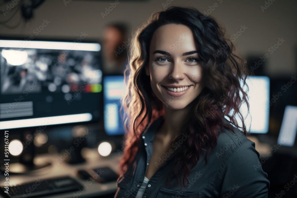 Smiling female in front of pc Generative AI - obrazy, fototapety, plakaty 