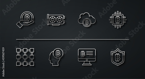 Set line Hand holding Bitcoin, Blockchain technology, CPU mining farm, Mining bitcoin from monitor, think, Video graphic card, Shield with and Cryptocurrency cloud icon. Vector