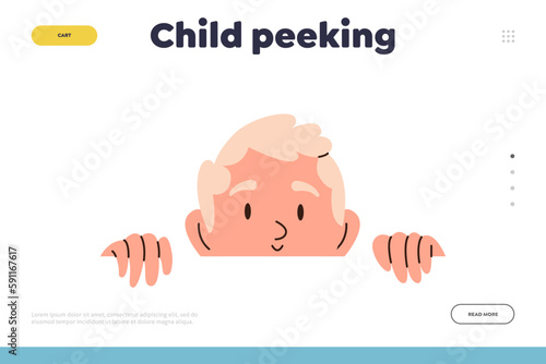 Children emotion landing page with naughty cheerful playful small boy child character peeking out
