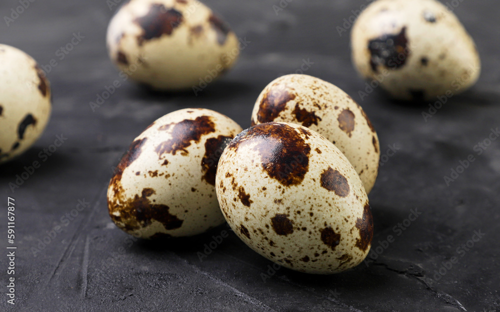 Quail eggs close-up on a dark background. Quail eggs close-up on a dark background.