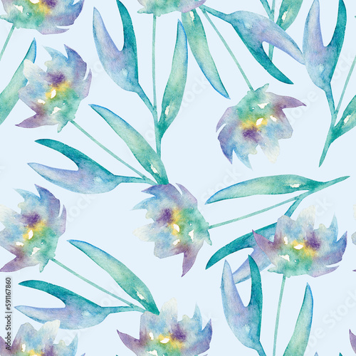 Hand Drawn Watercolor Loose Flowers  Pastel Floral Seamless Pattern
