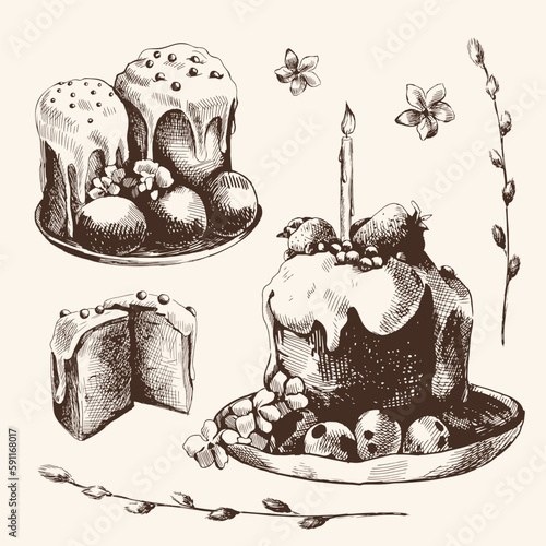 Happy Easter. Easter cake. Set of easter hand drawn illustrations. Easter vector sketches