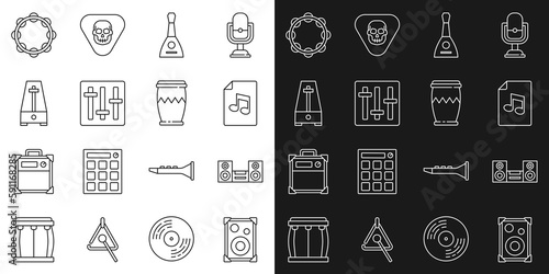 Set line Stereo speaker, Home stereo, Music book with note, Balalaika, Sound mixer controller, Metronome pendulum, Tambourine and Drum icon. Vector