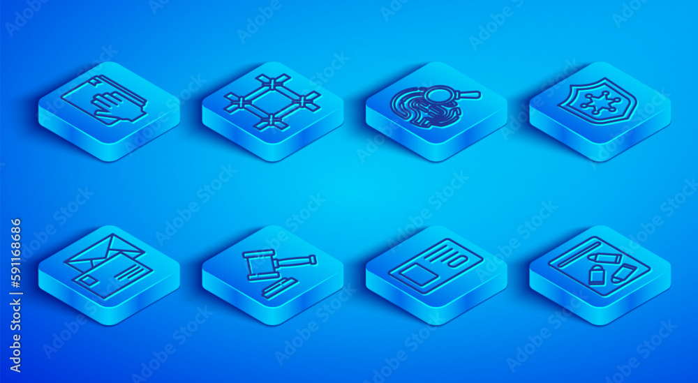 Set line Oath on the Holy Bible, Prison window, Fingerprint, Judge gavel, Identification badge, Police, Envelope and Evidence bag and bullet icon. Vector Set line Oath on the Holy Bible, Prison window, Fingerprint, Judge gavel, Identification badge, Police, Envelope and Evidence bag and bullet icon. Vector