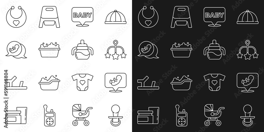 Set line Baby dummy pacifier, crib hanging toys, bathtub, bib and bottle icon. Vector Set line Baby dummy pacifier, crib hanging toys, bathtub, bib and bottle icon. Vector