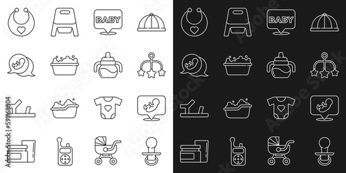 Set line Baby dummy pacifier, crib hanging toys, bathtub, bib and bottle icon. Vector