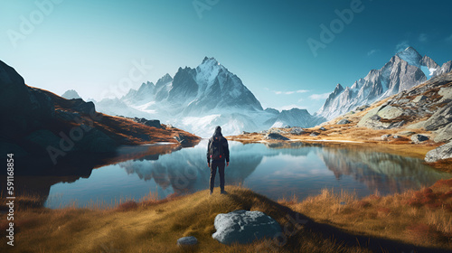 "The summit as a lonely retreat: Discover a breathtaking mountain landscape with a crystal clear lake and snow-capped mountains in realistic photography