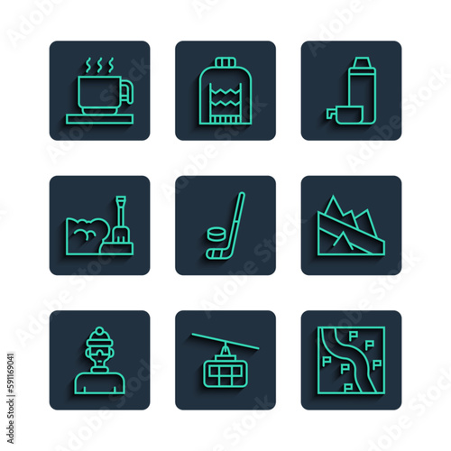 Set line Winter athlete, Cable car, Route location, Thermos container, Ice hockey stick and puck, Shovel snowdrift, Hot chocolate cup and Mountain descent icon. Vector