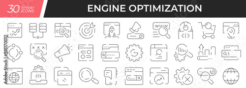 Engine optimization linear icons set. Collection of 30 icons in black