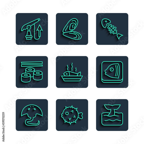 Set line Stingray, Fish hedgehog, Whale tail ocean wave, skeleton, Served fish plate, Sushi, Fishing harpoon and head icon. Vector