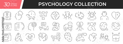 Psychology linear icons set. Collection of 30 icons in black