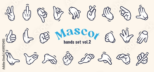 Mascot hand collection volume two. Vector set of twenty two different vintage elements. Cartoon hands of old 1920 to 1950 design style. Creator for vector mascot characters of vintage poster